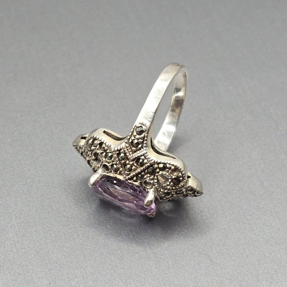 VTG Sterling Silver Amethyst Marcasite Cocktail Ring Size 6.5 Signed TH Art Deco - Picture 2 of 13